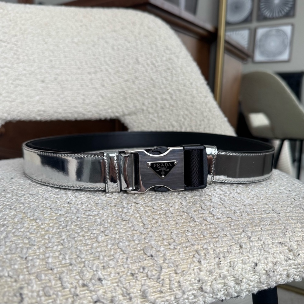 Prada Metallic Spazzolato Leather and Woven Tape Belt - Picture 3 of 10